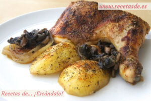 Pollo asado al horno con champiñones