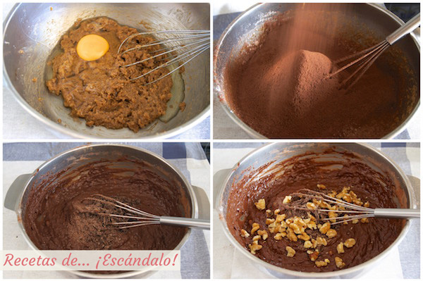 Como hacer la receta de bizcocho de platano y chocolate con nueces