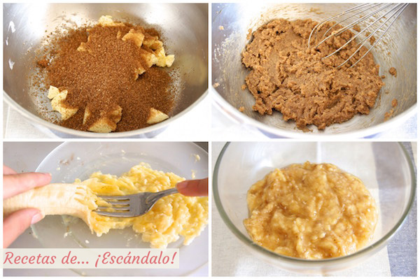 Platano, mantequilla y azucar para el bizcocho de chocolate