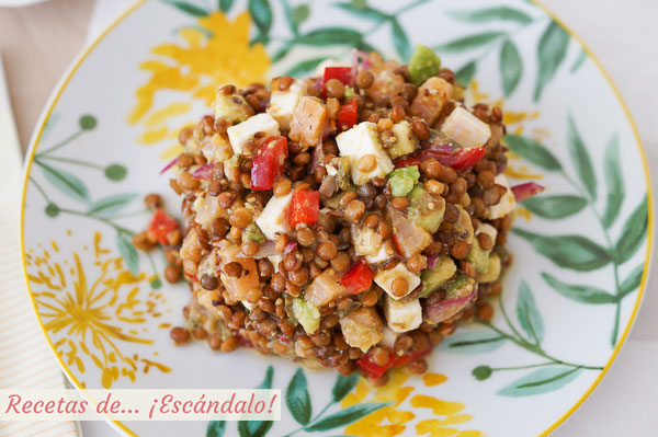 Como hacer ensalada de lentejas con salmon, aguacate y queso feta. Receta muy facil