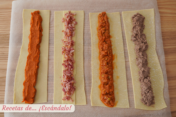 Ingredientes saladitos sobrasada, bacon y queso, atun y tomate y pate