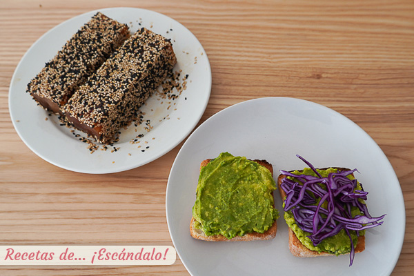 Ingredientes tostas tataki atun aguacate col lombarda